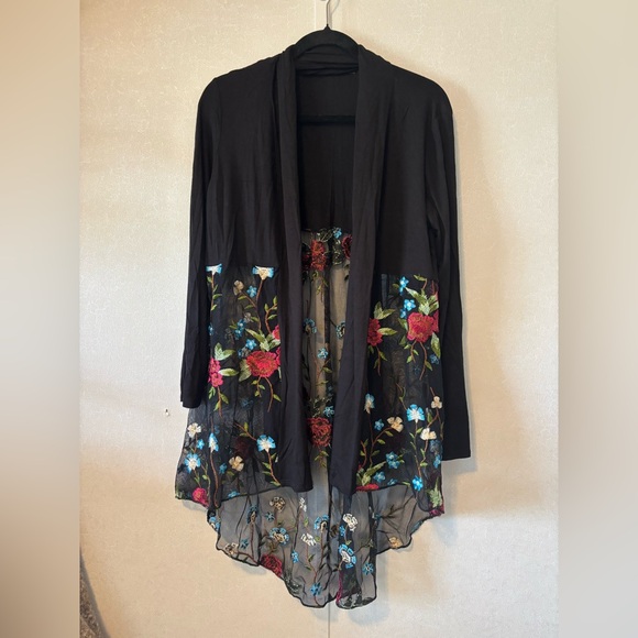 Sweaters - Cha-Cha | Floral Embroidered Black Sheer Cardigan | Size Medium
